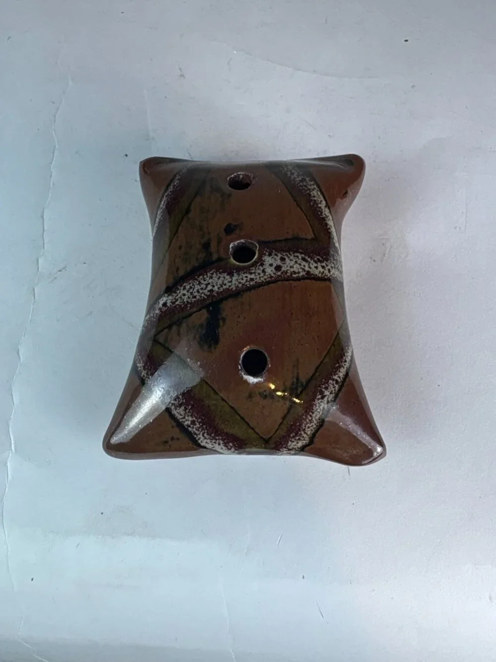Vintage Studio Pottery Flower Frog Vase, Abstract Tree Design, Three Hole Ikeban
